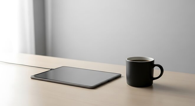 Modern workspace with tablet and coffee cup for digital productivity - Powered by Adobe