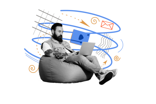 Composite photo collage of serious man freelancer sit beanbag type laptop message letter icon notification isolated on painted background