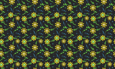 Seamless Floral Pattern with Yellow and Blue Flowers on Black Background