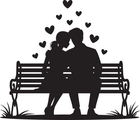 Romantic silhouette of couple sitting on park bench with hearts above, black and white love illustration for design use.