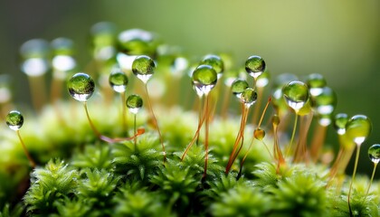 Vibrant Green Moss Plant Macro Captures Fresh Nature Growth Featuring Delicate Water Droplet On Tiny Sphere Structures In Serene Ecosystem