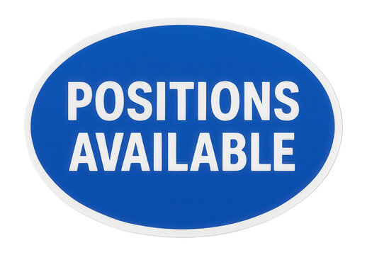 Blue oval sticker with POSITIONS AVAILABLE sign in bold white lettering, effective retail promotion on transparent background.