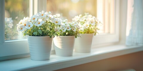 Fototapeta premium Three white daisies in white pots on a windowsill with sunlight streaming in.
