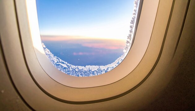 Frost crystals on airplane window with sunrise sky in the background, capturing the beauty of high-altitude winter travel and atmospheric cold above the clouds