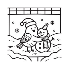 Cheerful Bird Hugging Snowman in Festive Winter Wonderland Line Art Design. 