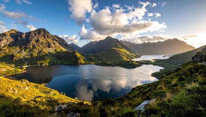 Scenic mountain lake vista at dawn