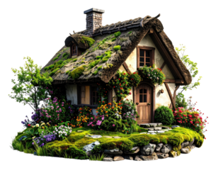 Picturesque cottage with a thatched roof and vibrant flowers