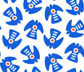 cute boho floral blue scandi folk art flying birds seamless pattern, vector illustration repeat design print
