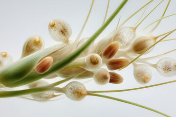 Abstract flora featuring delicate seed pods and vibrant green stems, showcasing nature's intricate details and ethereal beauty.