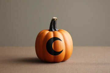 A small, orange pumpkin with a black crescent shape on its side sits on a brown surface against a neutral backdrop. Halloween concept.
