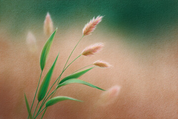 Delicate sprigs of wild grass in a digitally painted scene. Green blades and pink-tinged seed heads create a serene composition.