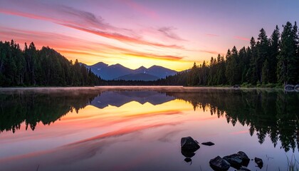 Serene Lake Reflection at Dawn with Colorful Sky and Forest Silhouette, Rocks in Water and Mountains in Distance