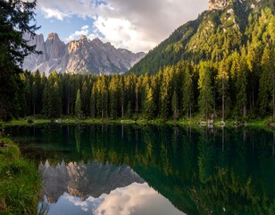 Fototapeta premium Scenic alpine lake reflecting mountains