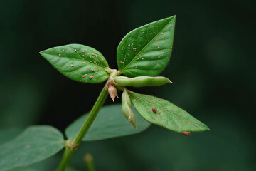 Close-up of a plant with green leaves and small pods, set against a blurred dark green background. Leaves have minor imperfections.