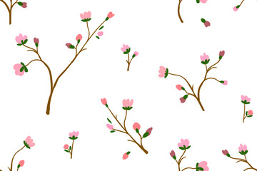 Blossoming sakura branches on white background. Seamless pattern with Japanese cherry branches. Pink spring flowers in minimalist, primitive flat style. Florals for fabric, clothing, wrapping paper.