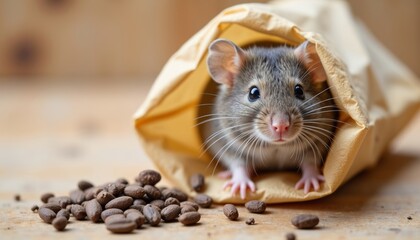 Mouse peeking out of a paper bag with coffee beans on a table  