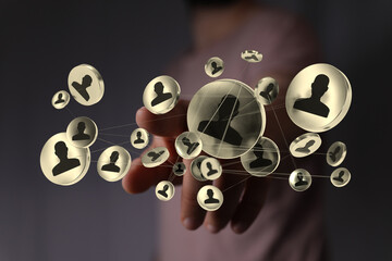 Conceptual digital network connection interface hand. Communication in social media marketing or business solutions through data visualization.