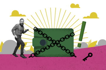 Creative collage picture crawling man step go silent wallet money chains locked protection security nature environment savings funds