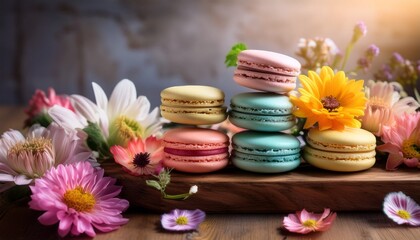 Fototapeta premium A Delightful Arrangement Of Vibrant Macarons Is Artfully Stacked On A Rustic Wooden Board Elegantly Surrounded By An Array Of Beautiful Flowers In A Warm Cozy Setting