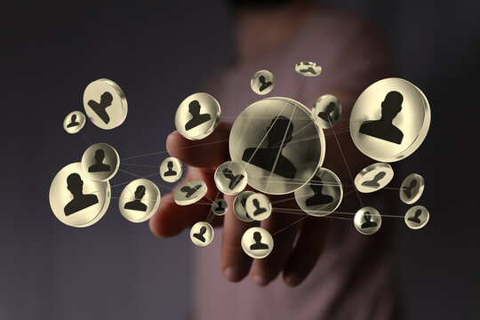 Conceptual digital network connection interface hand. Communication in social media marketing or business solutions through data visualization.