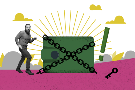 Creative collage picture crawling man step go silent wallet money chains locked protection security nature environment savings funds