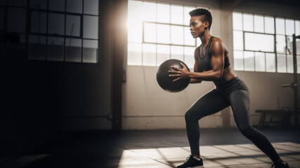 Strong athletic woman doing a medicine ball workout in a gym. Determined female athlete in a dynamic pose for strength training. Fitness and health concept with copy space