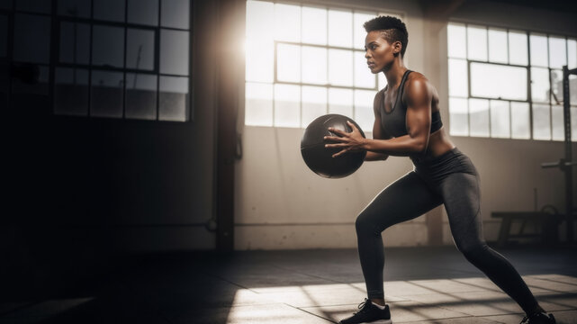 Strong athletic woman doing a medicine ball workout in a gym. Determined female athlete in a dynamic pose for strength training. Fitness and health concept with copy space