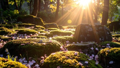 Sunlight streams through a tranquil park path covered in moss, rocks, and scattered cherry blossoms.
