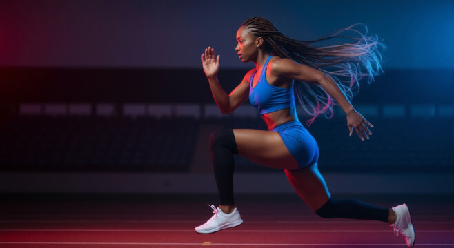 Powerful female athlete sprinting on a running track. Dynamic action shot of a Black woman in motion. Sport, fitness, and determination concept