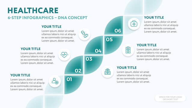 Medical infographics template with DNA concept - linear 6 step illustration for business presentation slide with healthcare icons in flat style