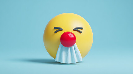 Yellow emoji feeling ill, closed eyes, runny nose and fever expression, isolated on white background