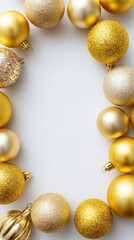 A Stunning Arrangement of Gleaming Gold and Silver Christmas Ornaments Creating a Decorative Frame on a White Background