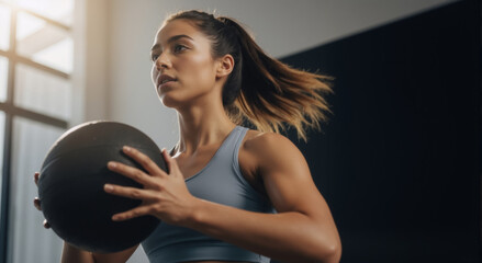 Naklejka premium Athletic woman exercising with a medicine ball in a modern gym. Fit female athlete during a strength training workout. Healthy lifestyle and determination concept