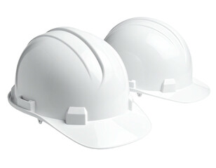 Fototapeta premium Two pristine white protective hard hats, isolated on a transparent background