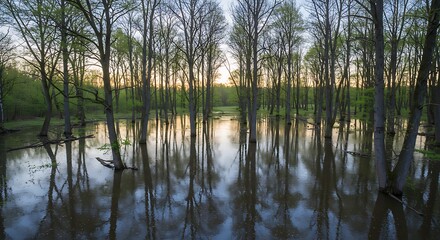 Obraz premium Flooded forest landscape with reflections and trees at dusk