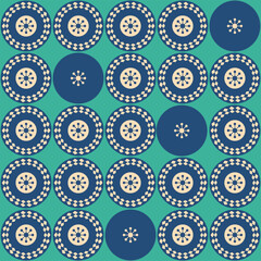 Abstract retro futuristic vintage geometric atomic age mid mod mid century circles seamless pattern, vector illustration repeat design print in aqua teal and dusty blue