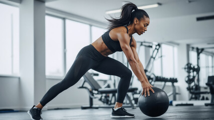 Athletic Black woman doing a strength training workout with a medicine ball in a gym. Strong female athlete with a muscular body exercising for fitness and health