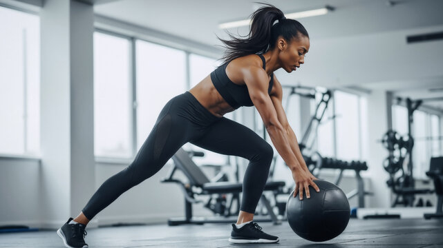 Athletic Black woman doing a strength training workout with a medicine ball in a gym. Strong female athlete with a muscular body exercising for fitness and health