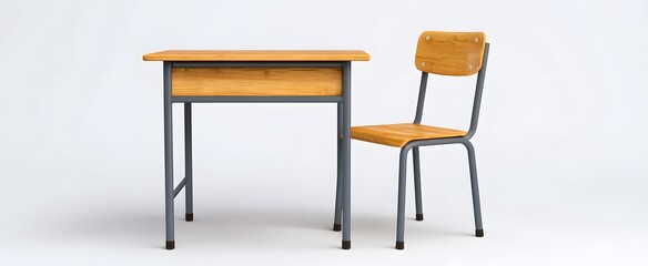 Fototapeta premium Student desk and chair isolated on white background with clear education visibility.