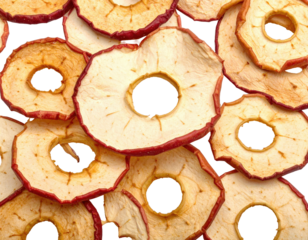 Dried apple slices arranged, showing texture and variation in colors