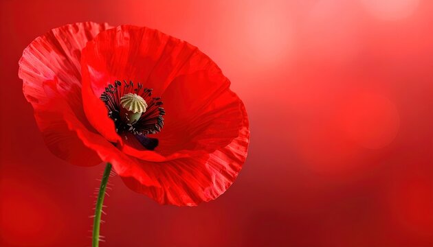 A vibrant, close-up poppy flower with a rich red hue, showcasing intricate details in its petals and center.