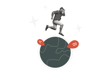 Composite trend artwork sketch photo collage of rocket travel moving earth globe planet space geo point location huge young guy jump emoji