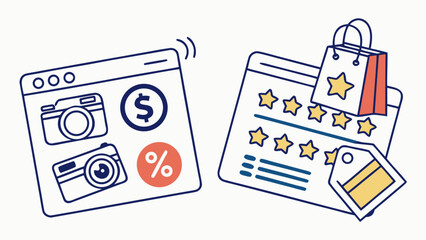 Online shopping icons with cameras and shopping bags