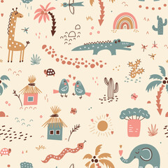 Cute Safari Animals Seamless Vector Pattern. Playful earth color background with giraffe, elephant, parrot, crocodile for kids room wallpaper, textile design