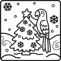  Cheerful Parrot Decorating Christmas Tree with Star Amid Falling Snowflakes Scene. 