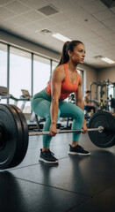 Strong athletic woman performing a deadlift with a heavy barbell in the gym. Female powerlifter focused on strength training. Fitness and workout concept