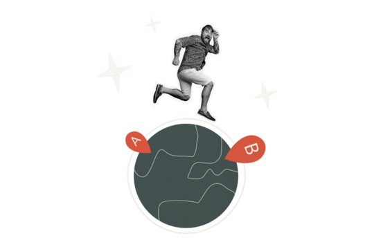 Composite trend artwork sketch photo collage of rocket travel moving earth globe planet space geo point location huge young guy jump emoji