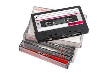Obraz premium Top view of vintage audio cassette stack.