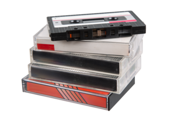 Collection of retro music recording media.