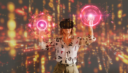 Woman using VR headset with interactive glowing circles